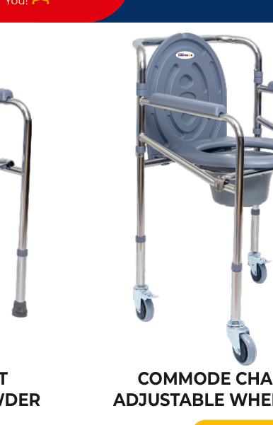Height Adjustable Commode Chair with Wheels — Chrome
